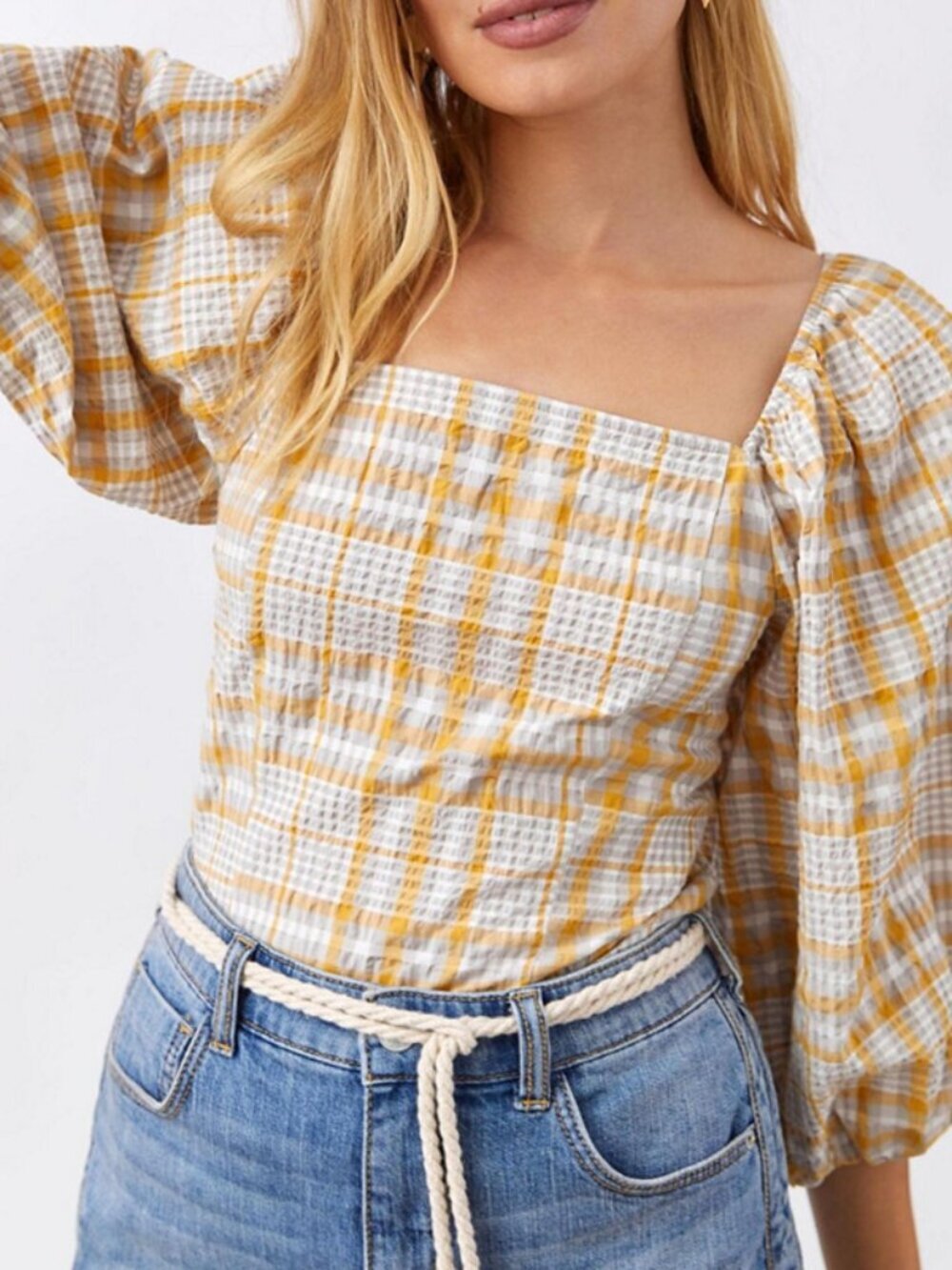 Maeve by Anthropologie Multicolor Plaid Square-Neck Blouse Large 8524